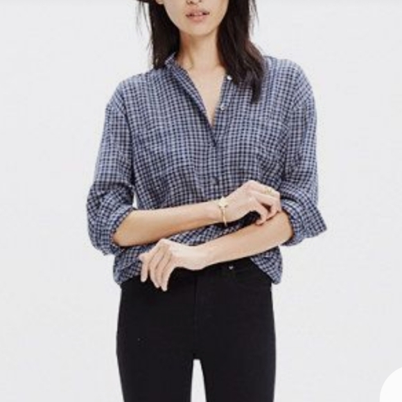 MADEWELL Blue Paid Pullover Shirt - Picture 1 of 10